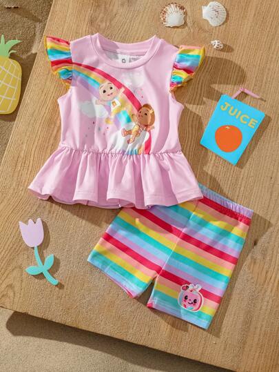 CoComelon X SHEIN 2pcs/Set Baby Girl Rainbow Cloud & Friends Pattern Cap Sleeve Top And Rainbow Striped Leggings Summer Outfit