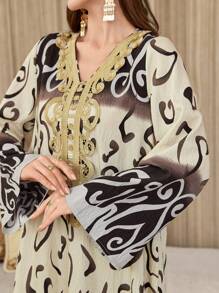 Al Najma 女式印花拼布长袖简约休闲长款阿拉伯连衣裙，阿拉伯连衣裙，端庄 - 彩色 - 查看 4