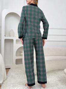 Conjunto de pijama informal de mujer con cuello en V a contraste y estampado de cuadros