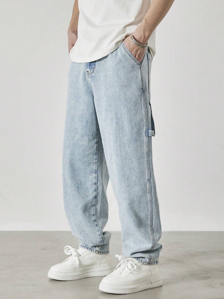 Claim Dot Men's Light Blue Washed Loose Straight Leg Casual Jeans, Urban Chill - Light Wash - View 1