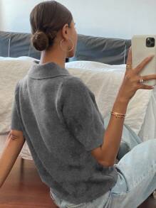 Livesso Áo len dệt kim cổ polo tay ngắn ôm sát có khóa kéo cho nữ, màu trơn thường ngày, trang phục mùa thu - Xám - Xem 2