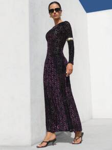 SHEIN Privé Elegant Business Dinner Long Flocked Jacquard Mesh Sheer Bottom Round Neck Long Sleeve Bodycon Dress Fall Cloth For Women - Multicolor - View 5