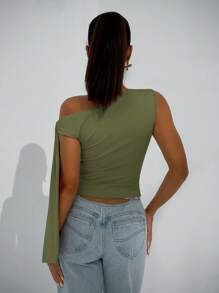 SHEIN BAE 优雅女士不对称颈部结带上衣，适合休闲约会、郊游、夜总会、派对、俱乐部、万圣节、秋季