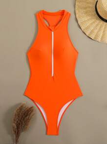 春假女士沙滩装，女士纯色前拉链露背连体泳衣