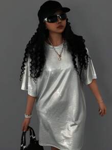 SHEIN Tween Girls Spring/Summer Silver Drop Shoulder Glitter Concert Outfits Tee Dress - Silver - View 4