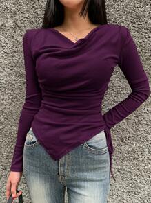 DAZY Women Plain Scoop Neck Long Sleeve Side Drawstring Casual T-Shirt - Purple - View 2