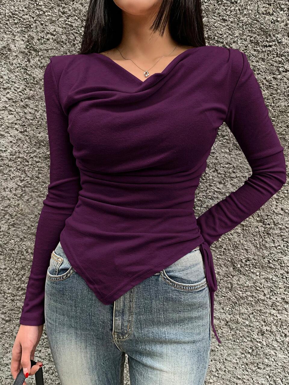 Women Plain Scoop Neck Long Sleeve Side Drawstring Casual T-Shirt