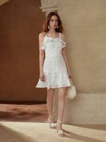 PREMIUM RUFFLE CONTRAST LACE DRESS - White - View 7