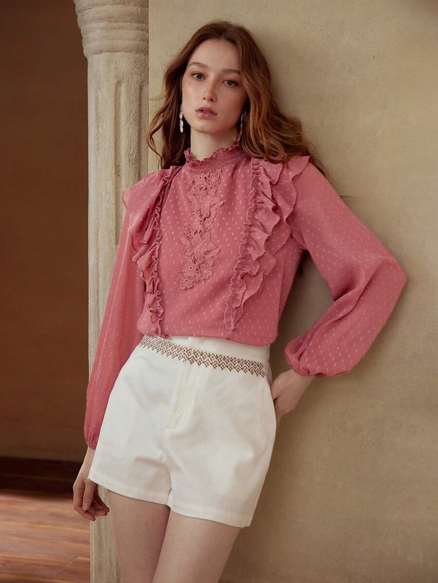 PREMIUM CONTRAST LACE RUFFLE TRIM BLOUSE - Red - View 1