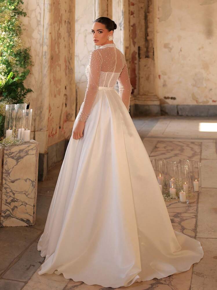 Glamrae 优雅奢华奶油色缎面泡泡袖透明长裙，带喇叭下摆和拖尾，适合婚礼、派对、度假、舞会礼服 - 米色 - 查看 1