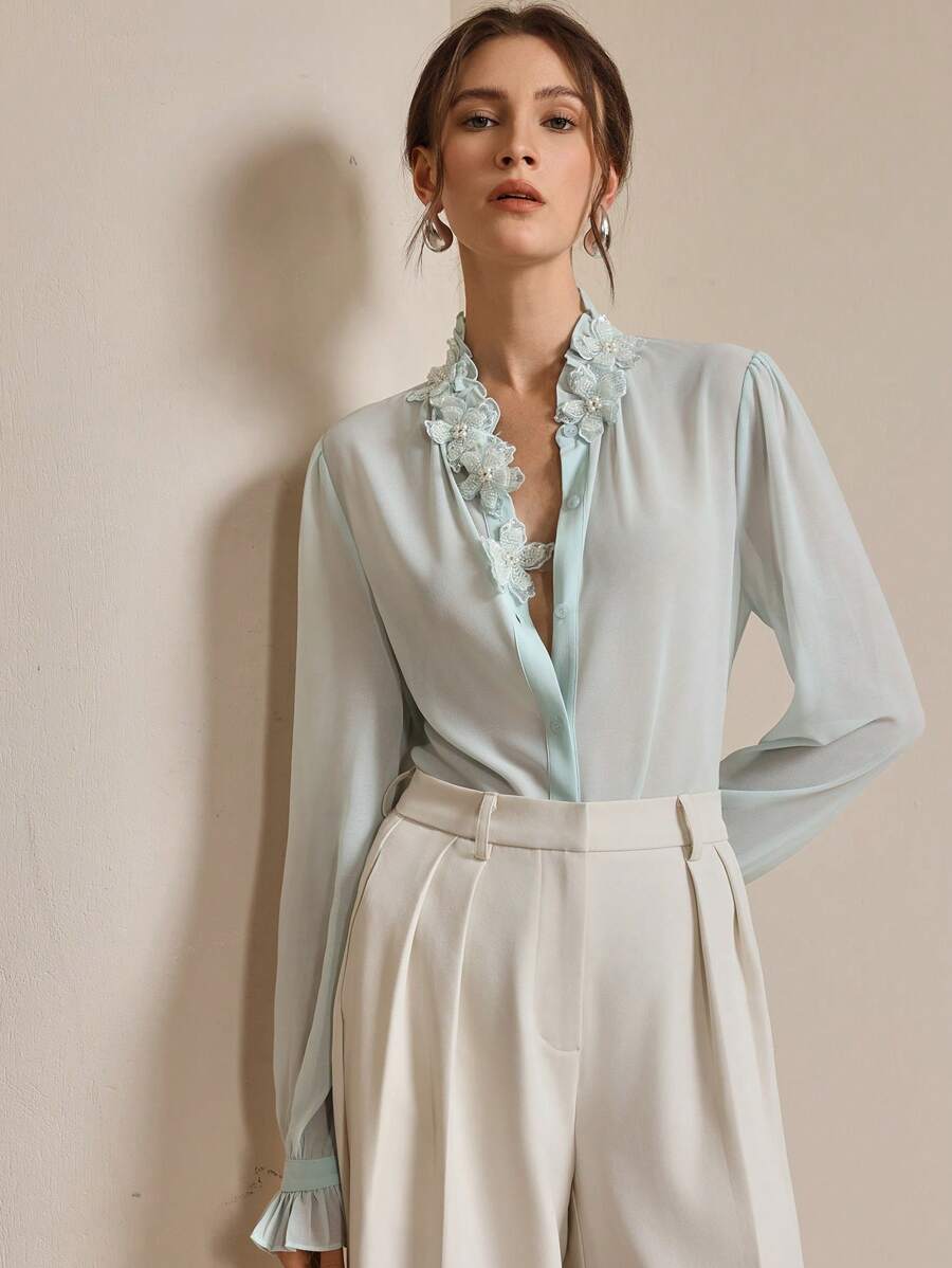 Anewsta Áo cánh tay bèo nhún nhẹ nhàng, đính hạt thủ công thanh lịch dành cho nữ, đi chơi lễ hội, đi nghỉ mát - Màu xanh Bạc hà - Xem 1