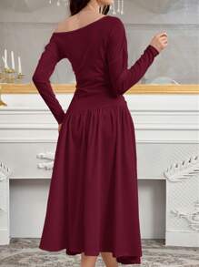 Modelyn 女士优雅魅力斜肩针织编织伞形下摆时尚连衣裙长款晚礼服 - 紅色 - 查看 2