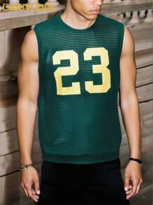 SHEIN Explorewe 2pcs Male Teenager Casual Fashionable School/Commute Loose Textured See-Through Fabric Green Numeric Pattern Tank Top And Shorts Set - Multicolor - View 4
