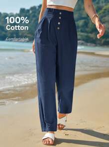 SHEIN Frenchy 高腰紐扣門襟褶皺長褲