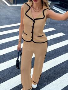 Chiquease 2 件套奢华简约撞色针织背心和裤子套装，办公室穿着