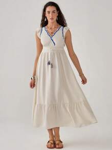 SHEIN Unity Damen Frühling Sommer Boho Urlaubskleid ärmellos A-Linie Maxi Leinenkleid - Aprikosenfarben - Übersicht 4