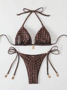 Swim Vcay Set de bikini de 2 piezas para mujer con estampado aleatorio, tirantes de espagueti y decoración metálica en estilo vintage para primavera y verano - Café integral - Ver 6