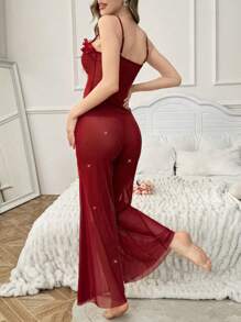 SHEIN 2 sztuki kwiatowy wystrój błyszczący przezroczysty seksowny zestaw piżamowy z koszulką i długimi spodniami - Burgund - Zobacz 2