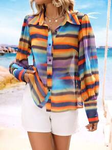 Breezaya Camisa de mujer de manga larga con un solo pecho, informal, suelta, con estampado de arcoíris, para vacaciones