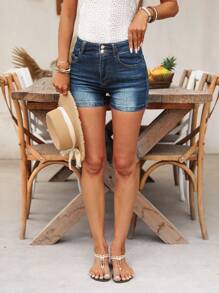 SHEIN LUNE Celana Pendek Denim Kasual Serbaguna dengan Saku untuk Wanita - Biru - View 4