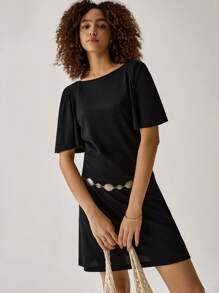 Easelle Spring/Summer Bohemian Style Outfit, Cowgirl Vintage Women's Boat Neck Backless Butterfly Design Black Knit Loose Dress, Suitable For Vacation