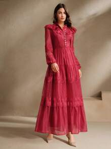Anewsta Vestido elegante de longitud media con cuello bordado con flores para mujer, primavera/otoño