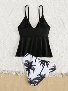 Tween Girls Tankini Bathing Suit ,Solid Ruffled Camisole Top With Coconut Tree Print Bikini Bottom - Black - View 2