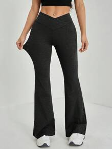 SHEIN PETITE Pantalones acampanados de cintura alta con diseño de envolvente de unicolor simple