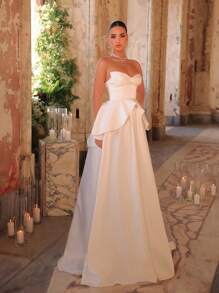 Glamrae Elegant And Gorgeous White Luxurious Satin Lotus Leaf Decoration V-Tie Chest Cup High Waist Slimming Super Large Skirt Suitable For Wedding Festival Bride Formal Occasion Wedding Dress - White - View 6