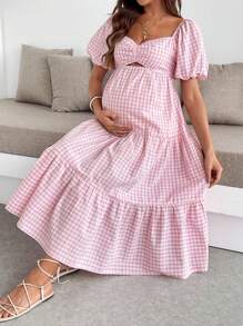 SHEIN Váy bầu họa tiết kẻ caro cổ tim viền bèo nhún thường ngày, dành cho tiệc chào đón em bé - Hồng - Xem 7