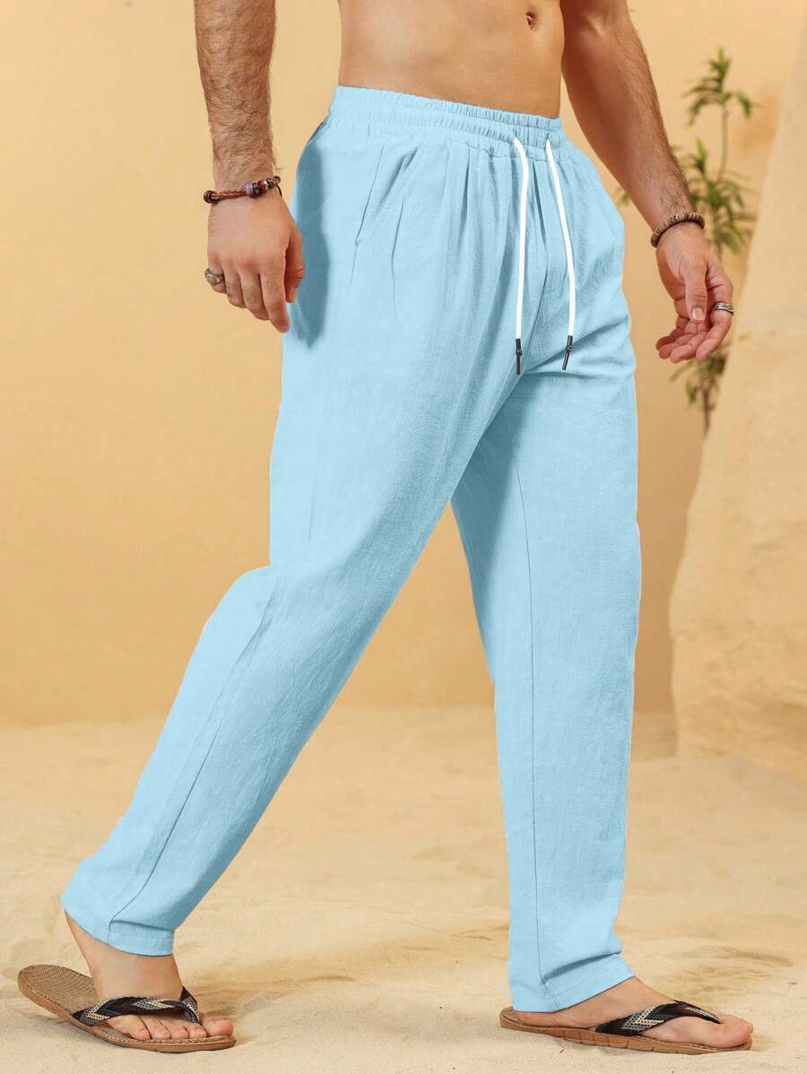 Manfinity RSRT Men's Solid Color Drawstring Waist Tapered Pleated Casual Pants Linen Pants For Men Men Linen Bottoms Linen Pants Men Men Linen Pants Loose Pants For Men