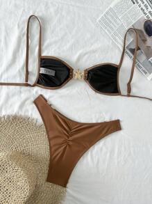 Swim SXY Women's Beach Vacation Casual Slim Strap High Cut Pants Starfish Accessories Spaghetti Strap Bikini Two Pieces Swimwear Set For Summer - Rust Brown - View 5