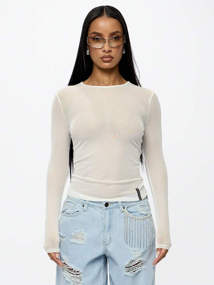 SUMWON WOMEN Long Sleeve Mesh Top Sheer Overlay Basic Layer