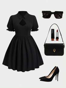 Celure 大码时尚法式纯色泡泡袖及膝镂空设计连衣裙，夏季