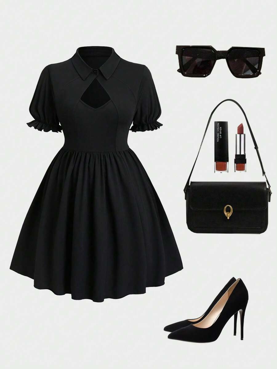 Celure 大码时尚法式纯色泡泡袖及膝镂空设计连衣裙，夏季