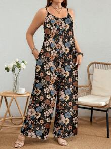 EMERY ROSE Plus Size Floral Print Jumpsuit, Suitable For Summer Suitable For Going Out,Flower/Vacation/Spring - Black - View 4