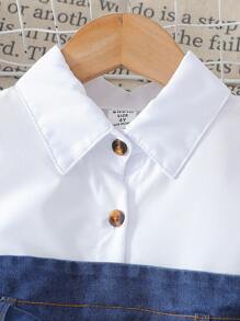 SHEIN Vestido de Verão Estilo Coreano Elegante para Meninas, com Gola Camisa, Manga Curta, Recortes, Cintura Marcada e Cinto, Vestido Formal para Jovens Garotas - Azul - Visão 5