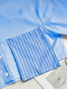 SHEIN Unity Casual Striped Patchwork 3D Pocket Button-Down Long Sleeve Shirt Fall Cloth For Women - Baby Blue - View 5