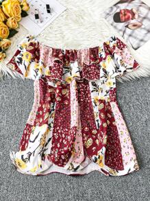 SHEIN LUNE Blusa Elegante, Casual, Minimalista, Retrô e Versátil de Moda Feminina, Best-seller, Design de Manga Curta com Babados de Duas Camadas, Ombro Caído, em Tecido Floral, Vinho, Plus Size, Primavera/Verão/Outono - Vinho - Visão 2