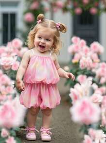 SHEIN Playful Pals Baby Girl Sweet Korean Style Outfit Set, Summer - Stylish Sling Top And Shorts, 2pcs - Pink - View 9