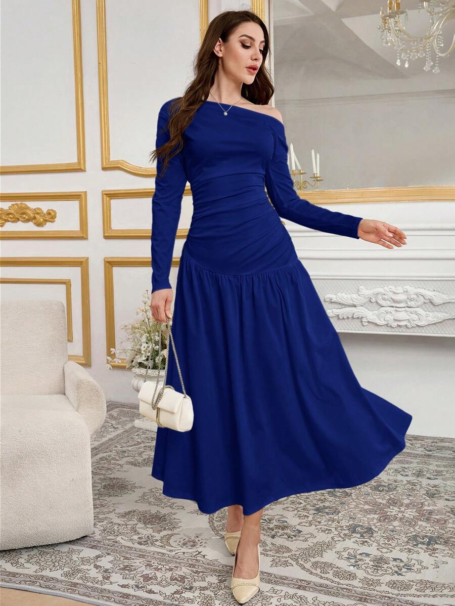 Modelyn 女士优雅魅力斜肩针织编织伞形下摆时尚连衣裙长款晚礼服 - 藏蓝色 - 查看 1