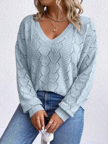Plus Size Minimalist Pullover Sweater, Solid Color Suitable For Summer Knit Pullover Fall Winter - Blue - View 4