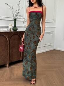 EastFlair Floral Print Spaghetti Strap Backless Split Dress Chinese Style Patterns