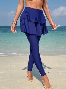 Swim Mulvari Women Spring Break Conservative Full Coverage Dark Blue Two-Layer Ruffle Cake Skirt Bikini Bottom For Summer Beach Vacation - Navy Blue - View 3