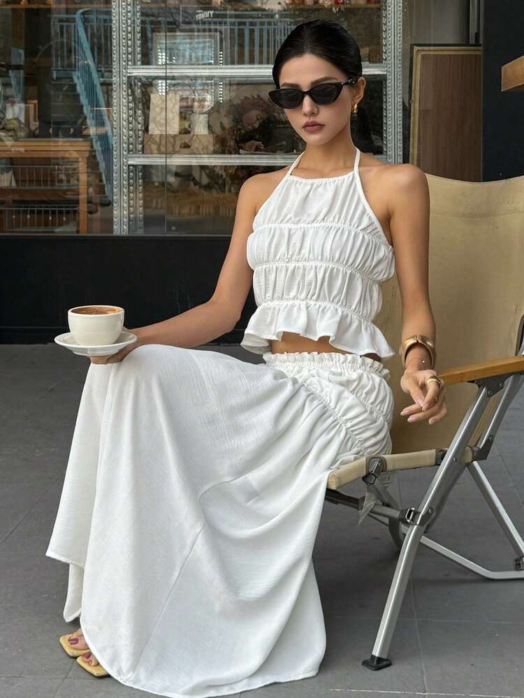 2pcs Women Vacation-Style Sleeveless Crop Top & Solid Color Skirt Set,Ruffle