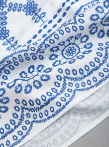 Sweetra 女士夏季休闲度假紧身系带露背镂空喇叭迷你连衣裙，带花卉印花，蓝色 - 藍色 - 查看 5