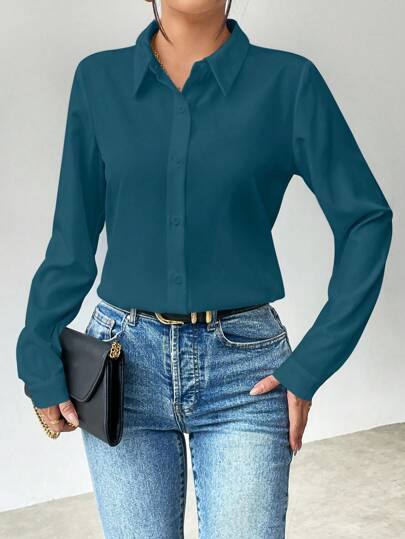 Selianne Casual Commute Simple Solid Color Long Sleeve Shirt Fall Cloth For Women