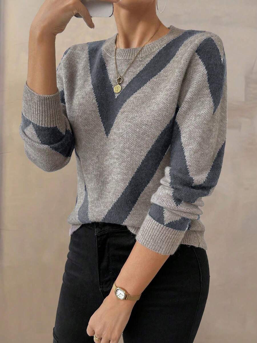 SHEIN LUNE Fall/Winter 2024 New Arrivals Rhombic Striped Pullover Sweater Knit Pullover - Multicolor - View 1