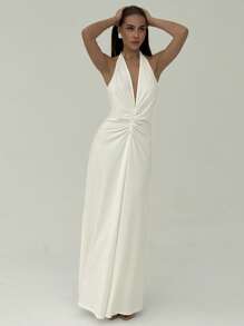 Aloruh Elegant Sexy Halter Neck Deep V Backless Ruched A-Line Wedding Guest Dress - White - View 6