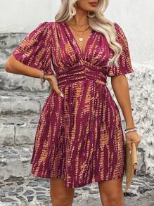 EMERY ROSE Plus Size V-Neck Short Sleeve Minimalist Casual Dress - Red Violet - View 4